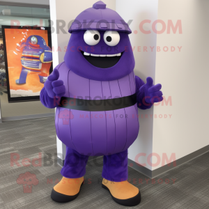Purple Grenade mascot costume character dressed with a Dress Pants and Shoe clips