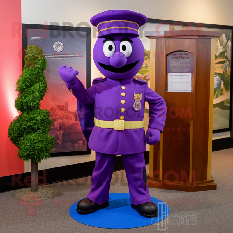 Purple Grenade mascot costume character dressed with a Dress Pants and Shoe clips