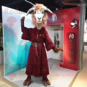 Maroon Angora Goat mascot costume character dressed with a Midi Dress and Shoe clips