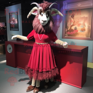 Maroon Angora Goat mascot costume character dressed with a Midi Dress and Shoe clips
