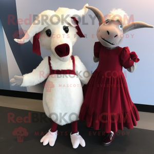 Maroon Angora Goat mascot costume character dressed with a Midi Dress and Shoe clips