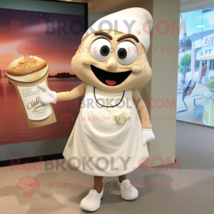 Cream Clam Chowder mascot costume character dressed with a Mini Dress and Clutch bags
