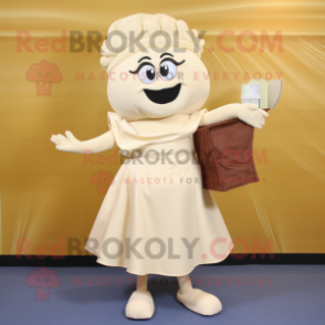 Cream Clam Chowder mascot costume character dressed with a Mini Dress and Clutch bags