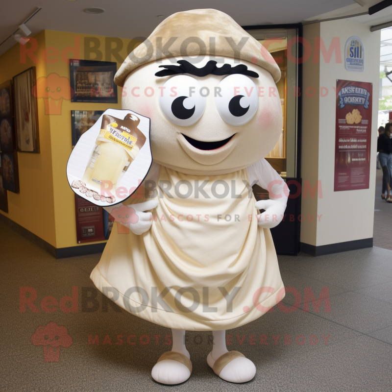 Cream Clam Chowder mascot costume character dressed with a Mini Dress and Clutch bags