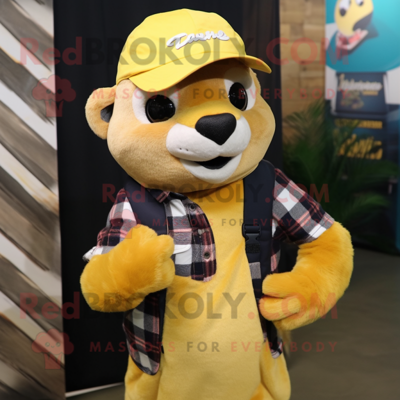 Yellow Ferret mascot costume character dressed with a Flannel Shirt and Beanies