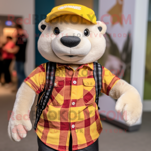 Yellow Ferret mascot costume character dressed with a Flannel Shirt and Beanies