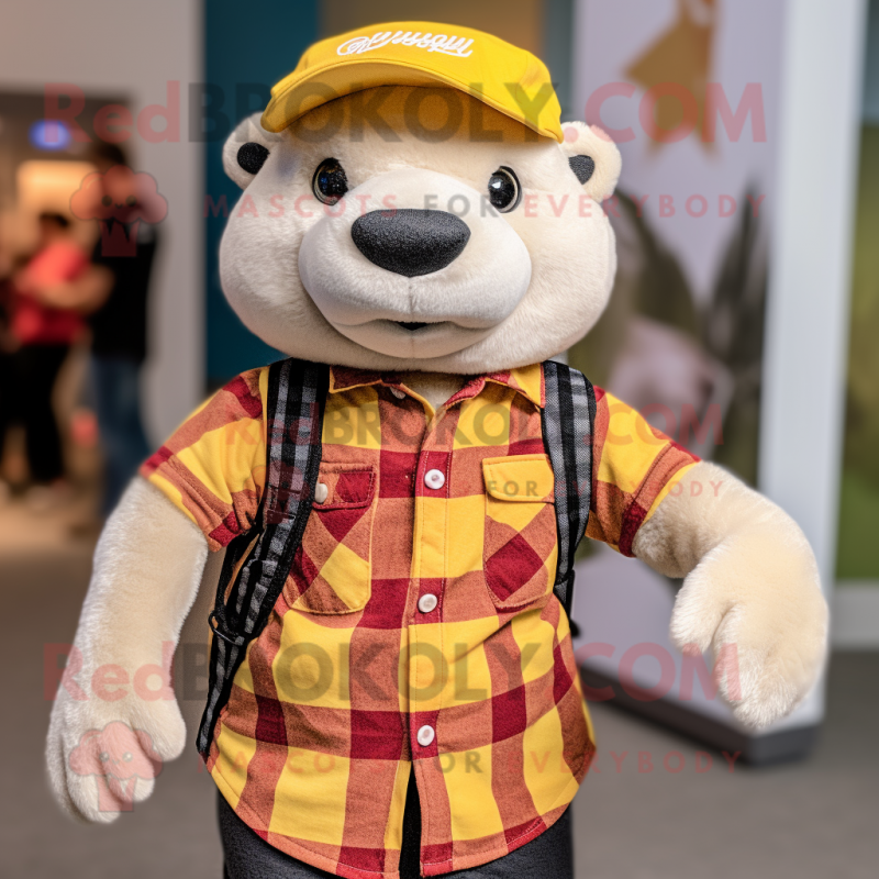Yellow Ferret mascot costume character dressed with a Flannel Shirt and Beanies Yellow Ferret mascot costume character dressed with a Flannel Shirt and Beanies