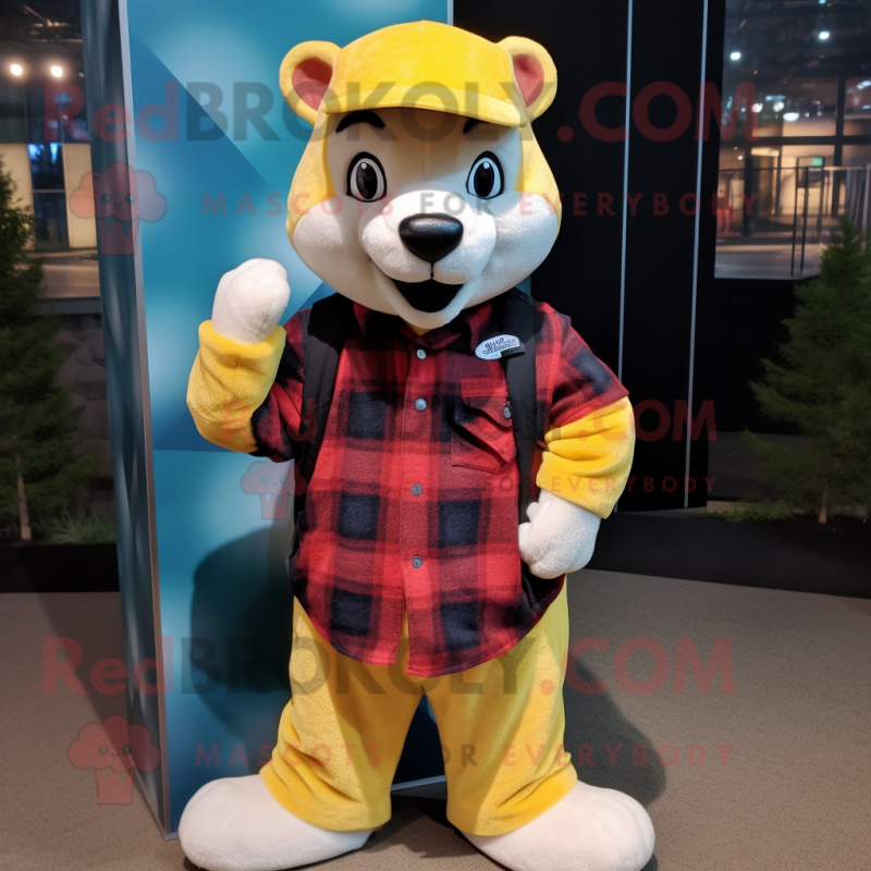 Yellow Ferret mascot costume character dressed with a Flannel Shirt and Beanies Yellow Ferret mascot costume character dressed with a Flannel Shirt and Beanies