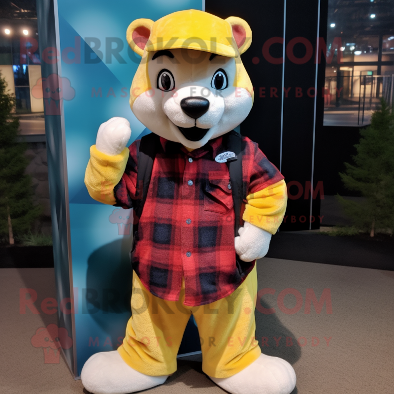 Yellow Ferret mascot costume character dressed with a Flannel Shirt and Beanies