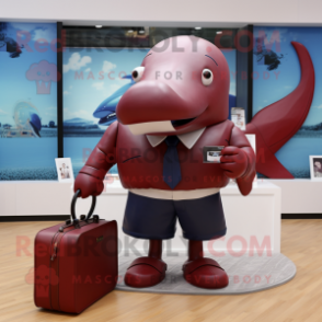 Maroon Whale mascot costume character dressed with a Shorts and Briefcases