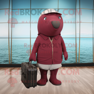 Maroon Whale mascot costume character dressed with a Shorts and Briefcases