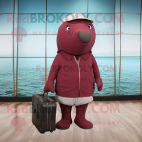 Maroon Whale mascot costume character dressed with a Shorts and Briefcases