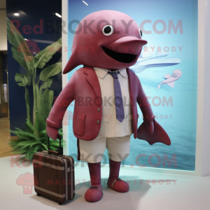 Maroon Whale mascot costume character dressed with a Shorts and Briefcases