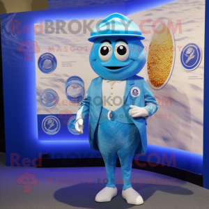 Blue Oyster mascot costume character dressed with a Swimwear and Lapel pins