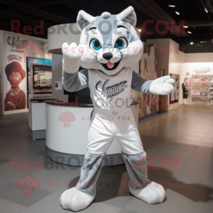 Silver Bobcat mascot costume character dressed with a T-Shirt and Cummerbunds