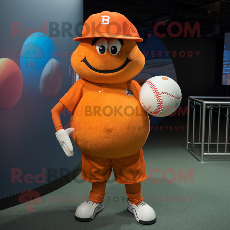 Orange Rugby Ball mascot costume character dressed with a Baseball Tee and Hats Orange Rugby Ball mascot costume character dressed with a Baseball Tee and Hats