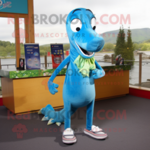 Sky Blue Loch Ness Monster mascot costume character dressed with a Running Shorts and Scarf clips