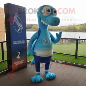 Sky Blue Loch Ness Monster mascot costume character dressed with a Running Shorts and Scarf clips