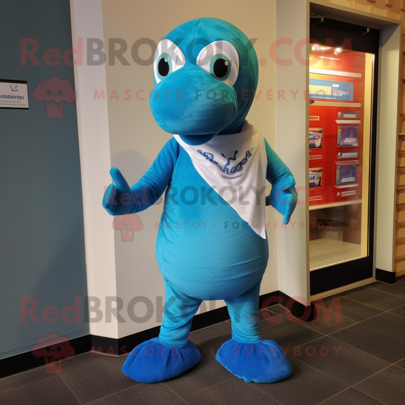 Sky Blue Loch Ness Monster mascot costume character dressed with a Running Shorts and Scarf clips