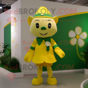 Lemon Yellow Four Leaf Clover mascot costume character dressed with a Culottes and Ties