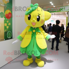 Lemon Yellow Four Leaf Clover mascot costume character dressed with a Culottes and Ties