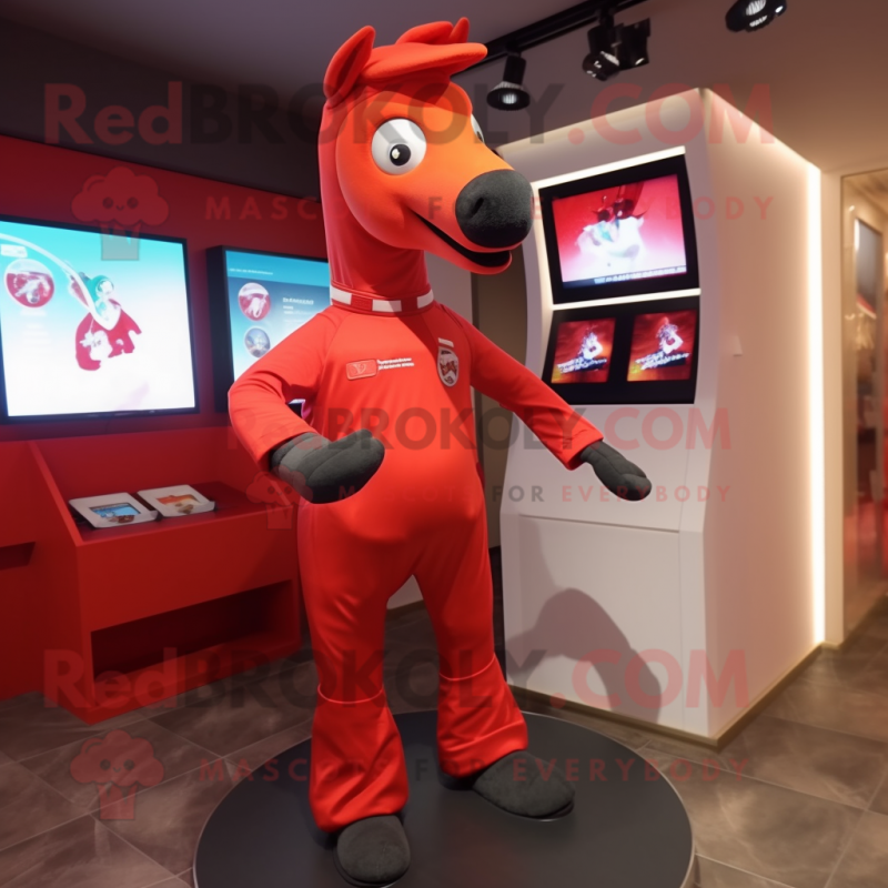 Red Mare mascot costume character dressed with a Jumpsuit and Cufflinks