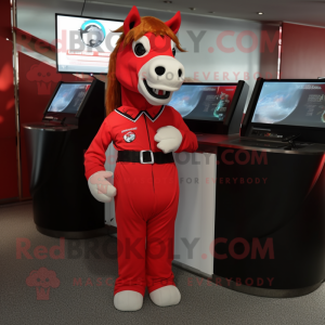 Red Mare mascot costume character dressed with a Jumpsuit and Cufflinks