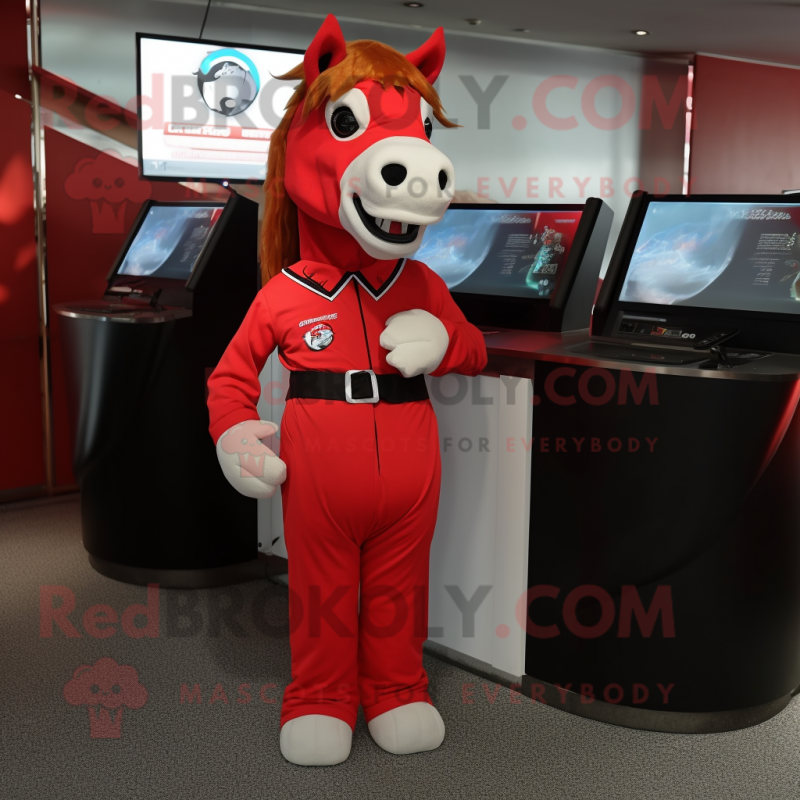 Red Mare mascot costume character dressed with a Jumpsuit and Cufflinks Red Mare mascot costume character dressed with a Jumpsuit and Cufflinks