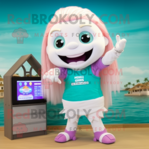 White Mermaid mascot costume character dressed with a Bermuda Shorts and Digital watches