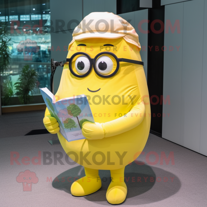 Lemon Yellow Potato mascot costume character dressed with a Poplin Shirt and Reading glasses