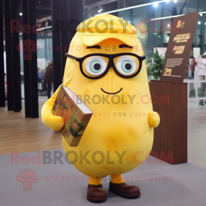 Lemon Yellow Potato mascot costume character dressed with a Poplin Shirt and Reading glasses