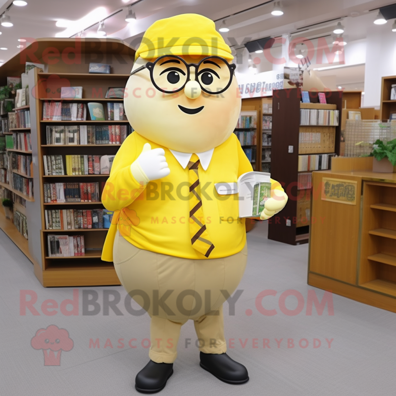 Lemon Yellow Potato mascot costume character dressed with a Poplin Shirt and Reading glasses