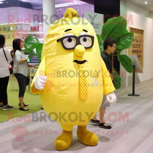 Lemon Yellow Potato mascot costume character dressed with a Poplin Shirt and Reading glasses