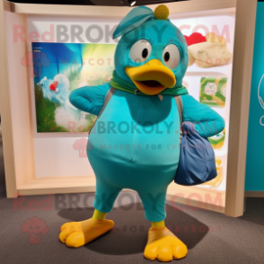 Turquoise Hens mascot costume character dressed with a Yoga Pants and Wallets