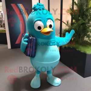 Turquoise Hens mascot costume character dressed with a Yoga Pants and Wallets