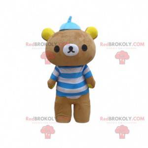 Big brown bear mascot with a striped sweater and a hat -