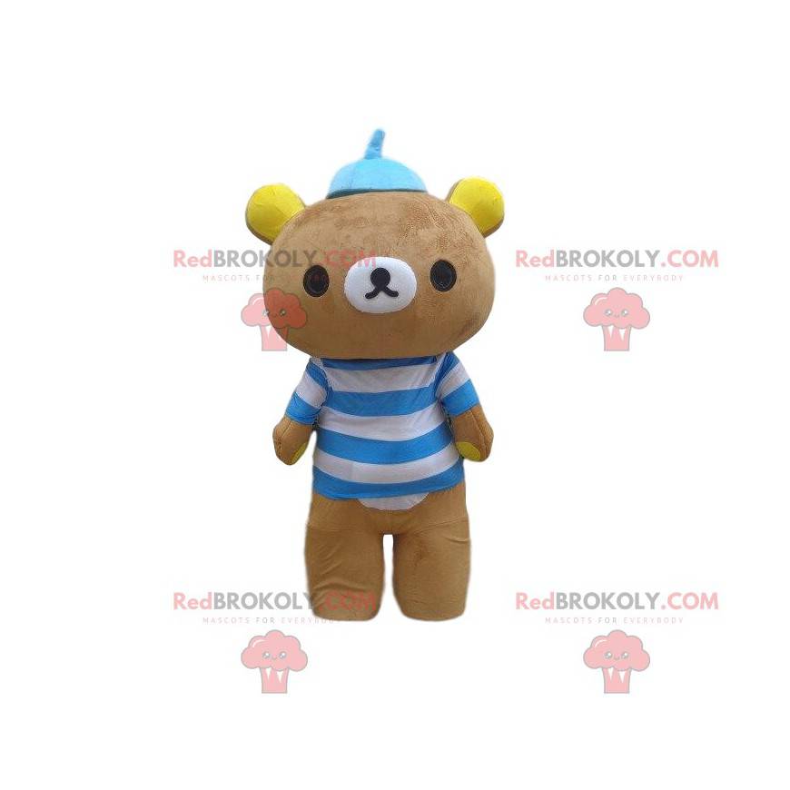 Mascote grande urso pardo com um suéter listrado e um chapéu -