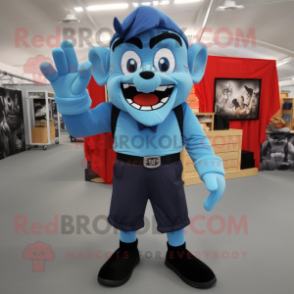 Sky Blue Vampire mascot costume character dressed with a Cargo Shorts and Gloves