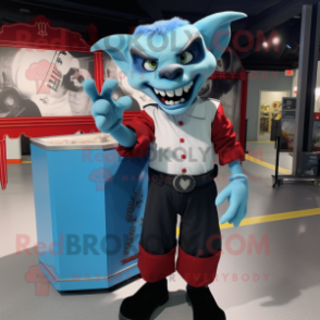 Sky Blue Vampire mascot costume character dressed with a Cargo Shorts and Gloves