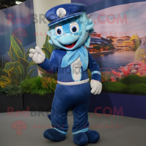 Navy Mermaid mascot costume character dressed with a Waistcoat and Caps