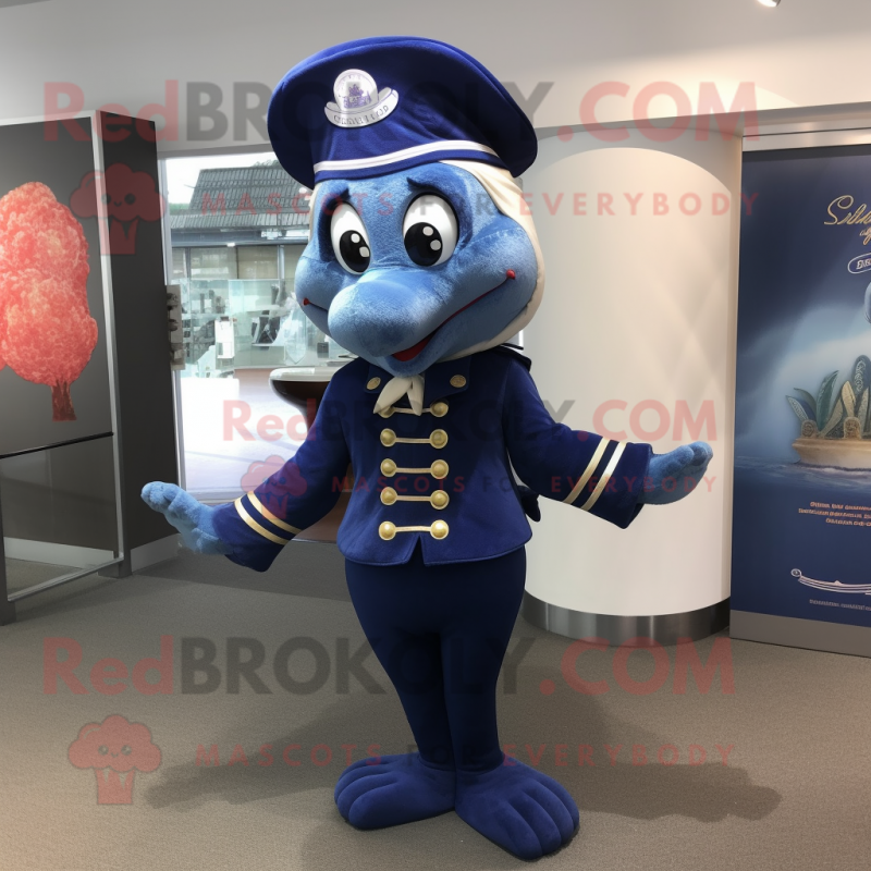 Navy Mermaid mascot costume character dressed with a Waistcoat and Caps