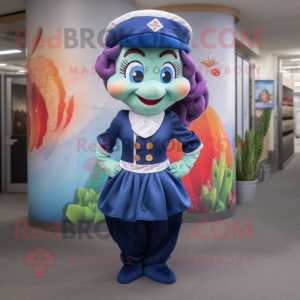 Navy Mermaid mascot costume character dressed with a Waistcoat and Caps