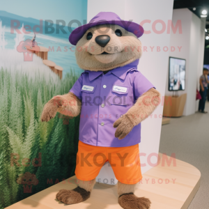 Lavender Marmot mascot costume character dressed with a Bermuda Shorts and Berets