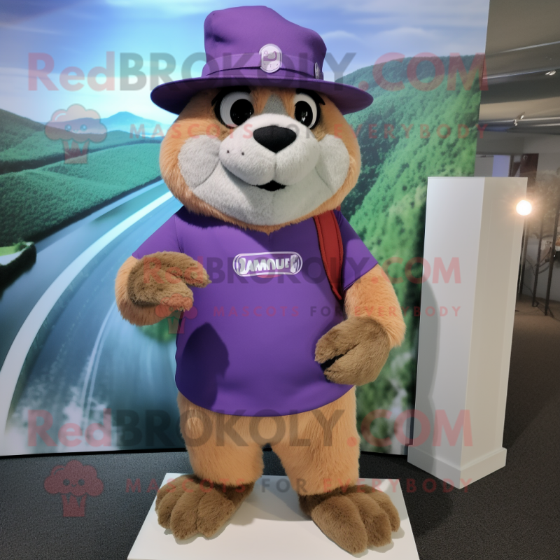 Lavender Marmot mascot costume character dressed with a Bermuda Shorts and Berets Lavender Marmot mascot costume character dressed with a Bermuda Shorts and Berets