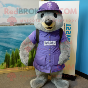 Lavender Marmot mascot costume character dressed with a Bermuda Shorts and Berets