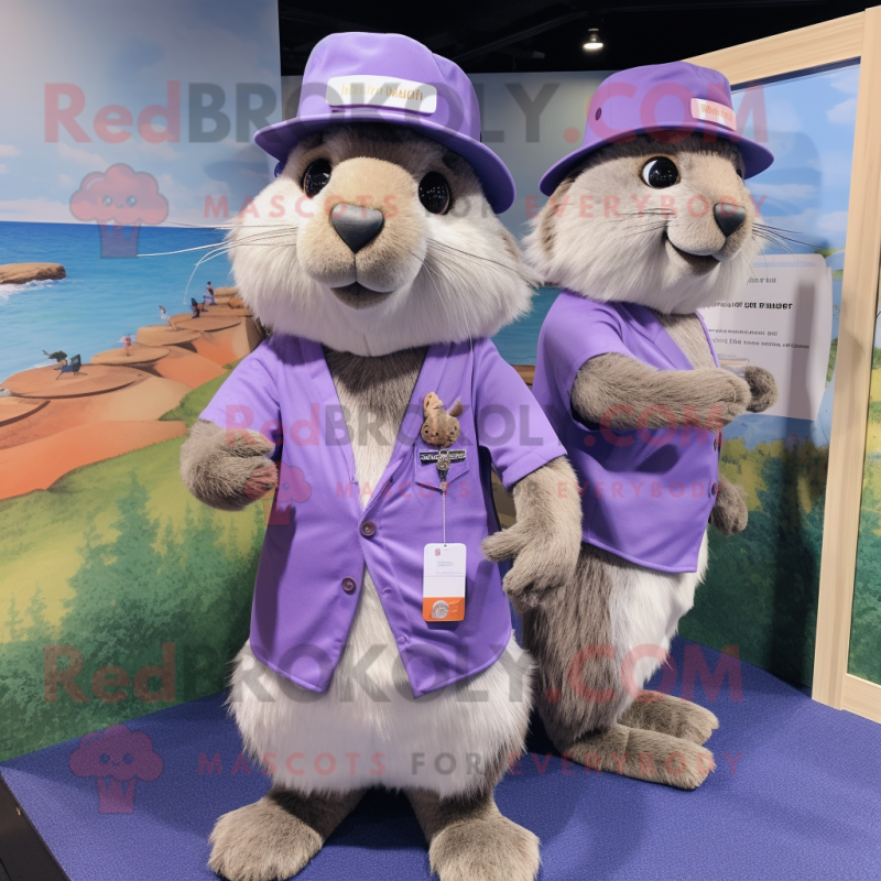 Lavender Marmot mascot costume character dressed with a Bermuda Shorts and Berets