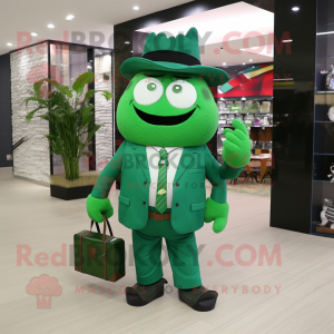 Forest Green Steak mascot costume character dressed with a Suit and Messenger bags