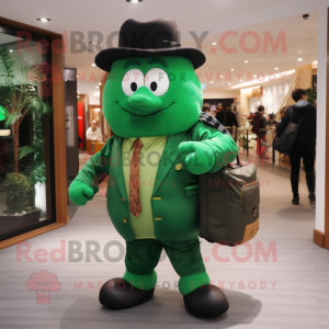 Forest Green Steak mascot costume character dressed with a Suit and Messenger bags