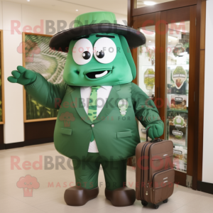 Forest Green Steak mascot costume character dressed with a Suit and Messenger bags