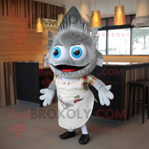 Silver Fish Tacos mascot costume character dressed with a Dungarees and Hair clips